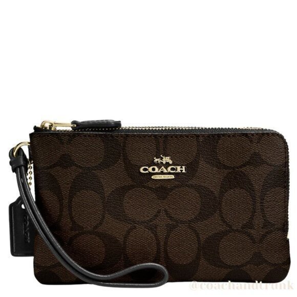 NWT COACH DOUBLE Corner Zip Wristlet In Signature "C" Dark Brown Gold Accents - Picture 6 of 14